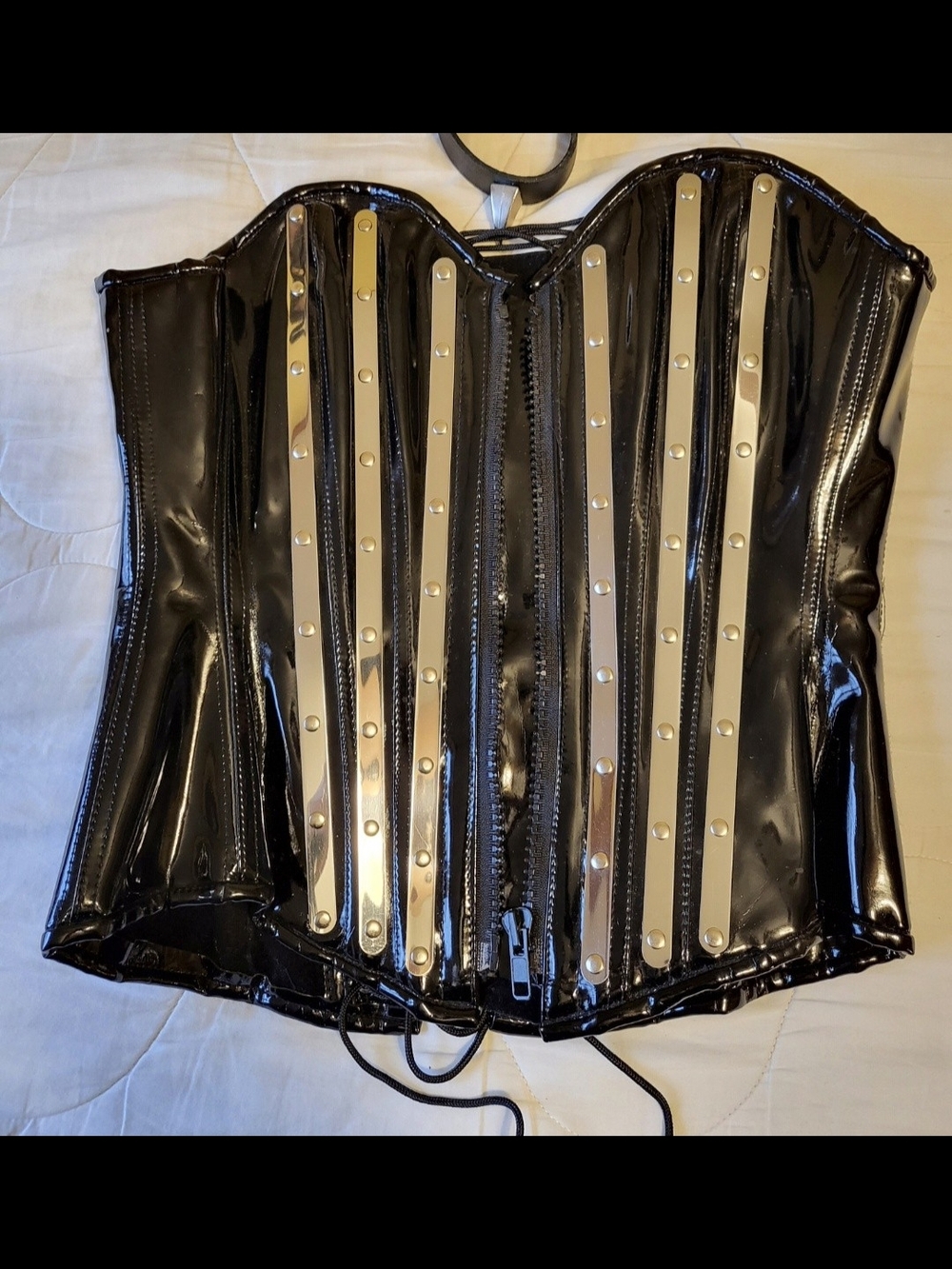& Other Stories Black Patent Corset with Silver Steel Trim